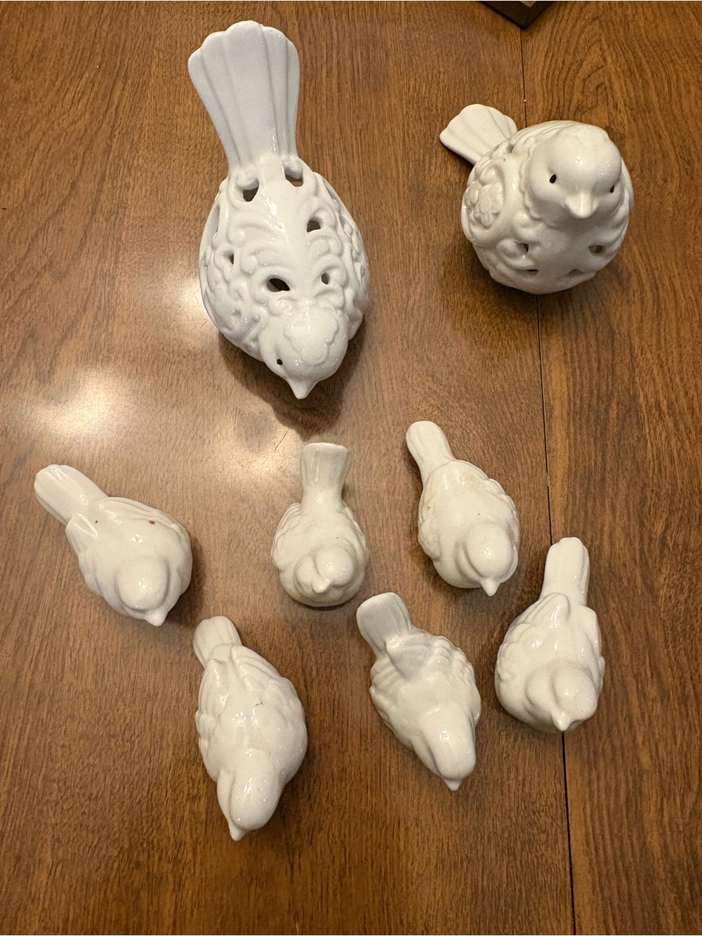 Vintage Set of Eight White Ceramic Bird Figurines for Home Décor